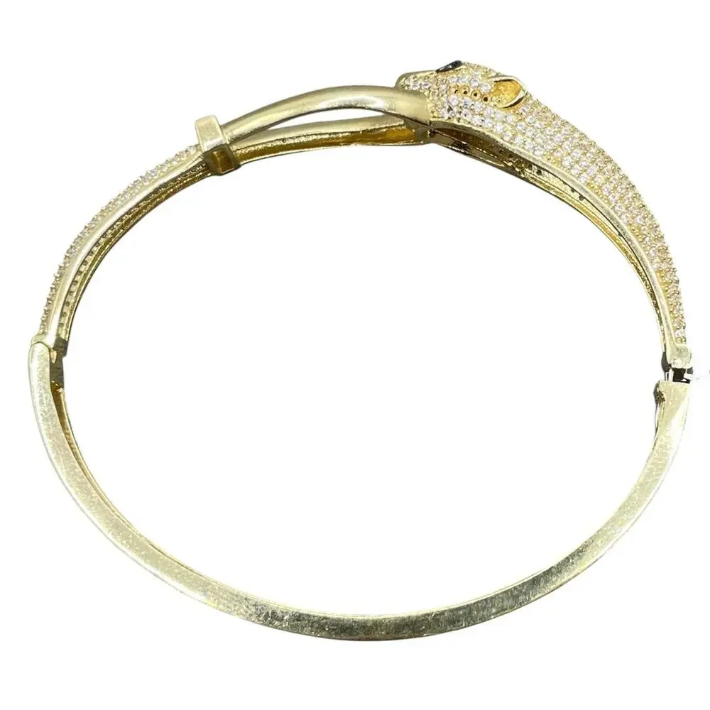 14K Yellow Gold Panther W/ Green Eyes Bangle Style Bracelet (22065)